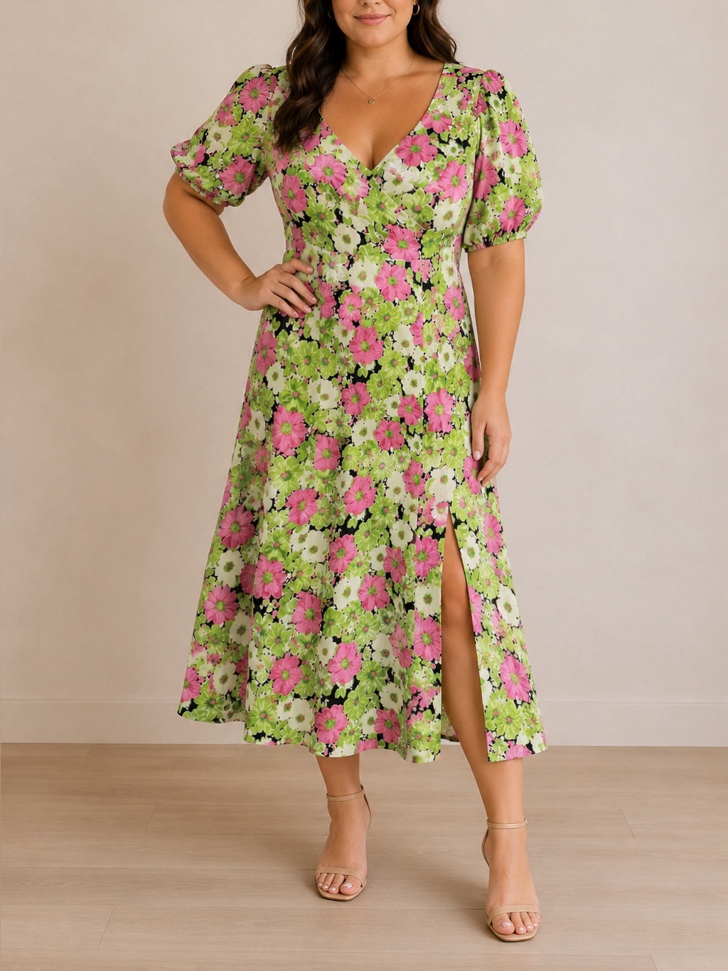 Wayf Floral Midi Dress Fit & Flare Puff Sleeve Front Slit Green Pink Size L